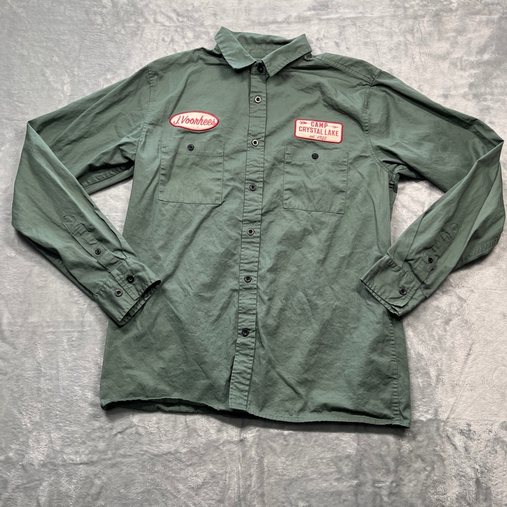 Friday the 13th Work Shirt Men Green Camp Crystal Lake Jason Voorhees Patch S